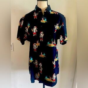Denim & Flower 🎅Navy Blue Casual Button Down Christmas Santa Shirt on vacation M